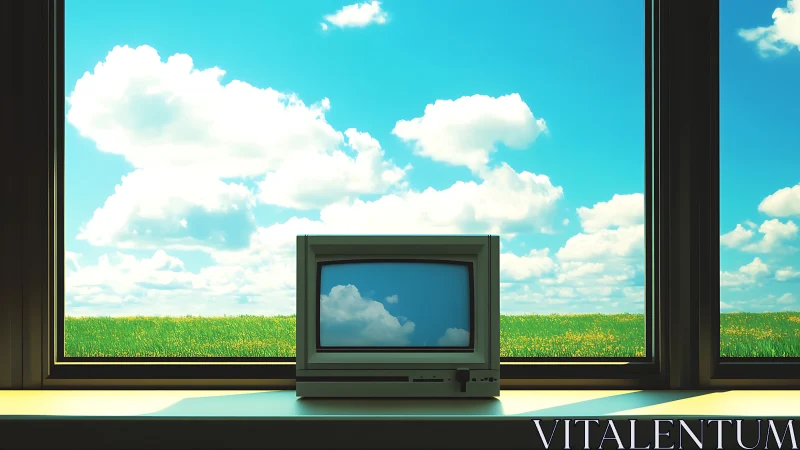 Retro monitor mirrors bright summer field beyond window