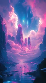 Starlit Neon Peaks Over a Dreamy Cosmic Lagoon.