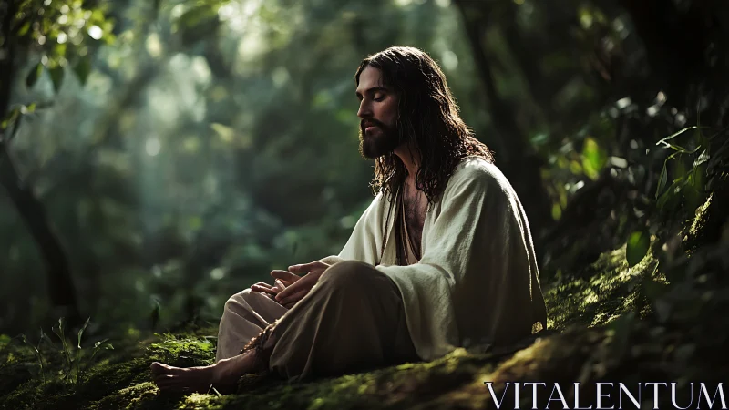 Serene robed figure meditates alone in sunlit forest glade.