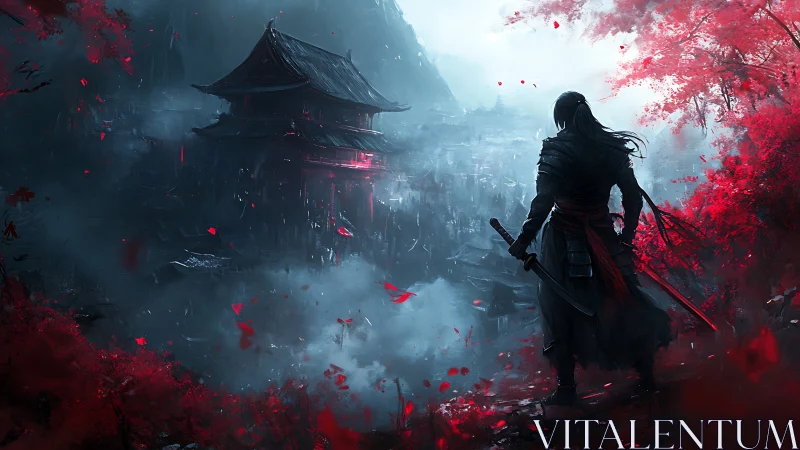 Silent warrior gazes over misty temple wrapped in crimson leaves