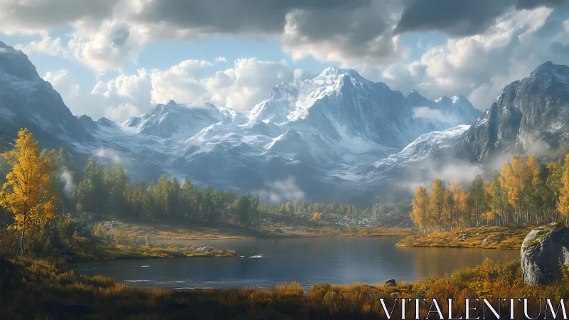 Snowcapped mountains over autumn forest lake at sunrise.
