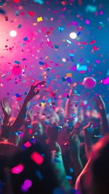 Crowd celebrates under vibrant confetti and concert lights