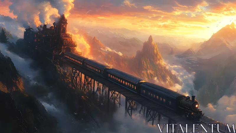 Steamborne twilight train glides above the cloud-torn peaks