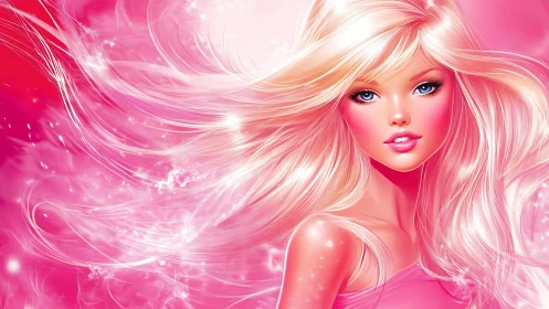 Digital portrait of stylized blonde woman in pink tones.
