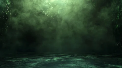 Dense green volumetric fog forms above a still reflective surface