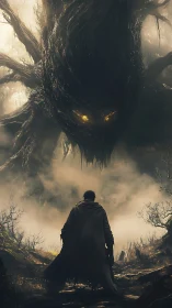 Lone cloaked wanderer confronts colossal forest shadow