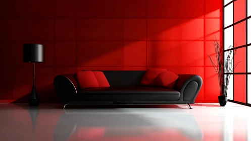 Minimalist red interior with black sofa under directional daylight
