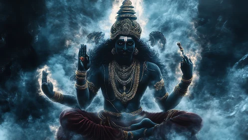 Multilimbed cosmic deity in turbulent volumetric cloudfield.