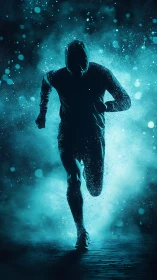 Hooded runner silhouette sprints through glowing blue mist