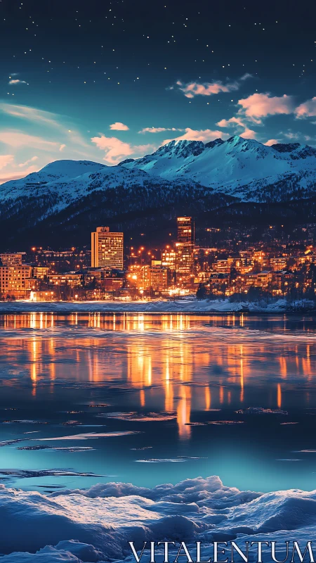 Golden city lights warmly embrace a serene snowy fjord
