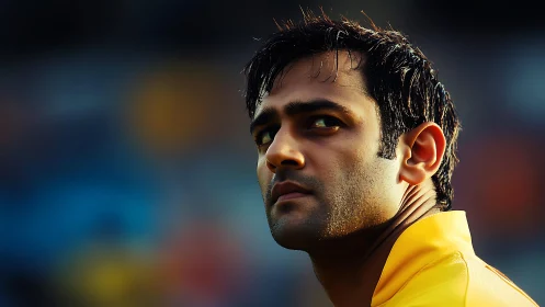 Male subject in yellow top against blurred stadium backdrop.