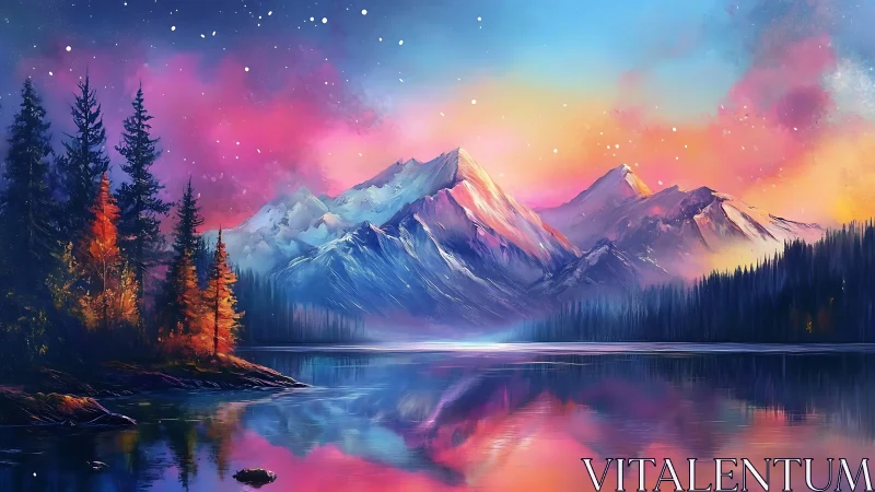 Dreamlit mountain lake under a painted cosmic sunrise.