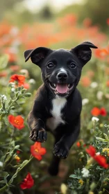 Joyful black puppy runs through sunlit poppy field