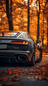 Sports car glows against vivid autumn forest backdrop.