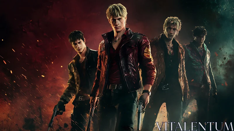 Four armed men in leather jackets in fiery scene.