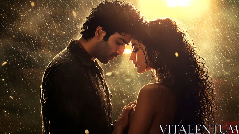 Intimate Silhouette: Backlit Couple Embraced in Precipitation.
