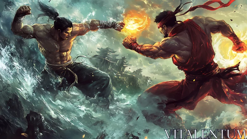 Elemental warriors clash above storm-tossed ocean waves.