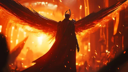 Backlit infernal angel rendered with volumetric firelit wings