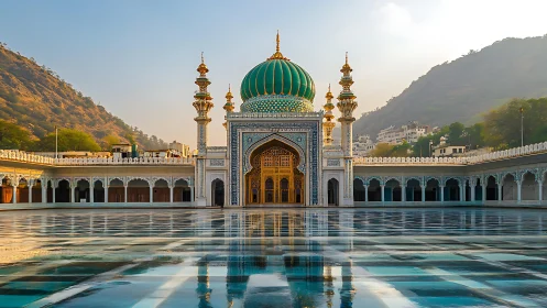 Sunlit mosque courtyard welcomes calm reflection and wonder
