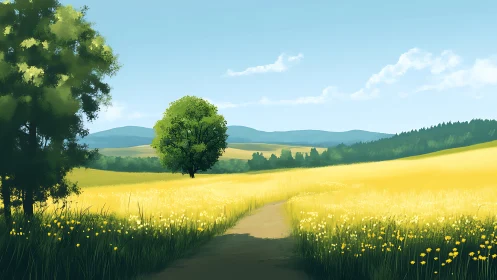 Sunlit meadow path rendered with soft gradients and depth cues