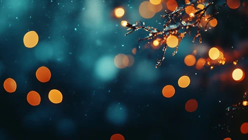 Golden bokeh lights glow against deep teal winter night.