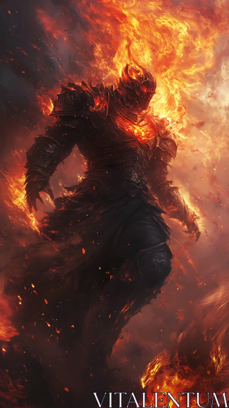 Armored fire elemental strides through embers with molten core exposed