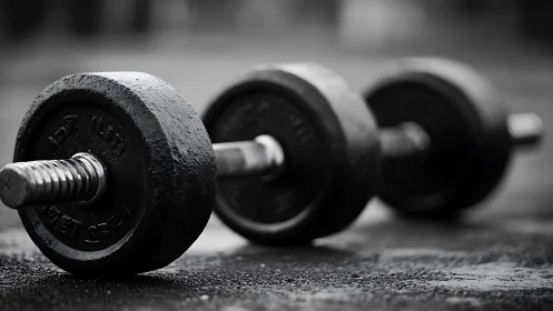 Black metal dumbbells lie on wet textured gym flooring