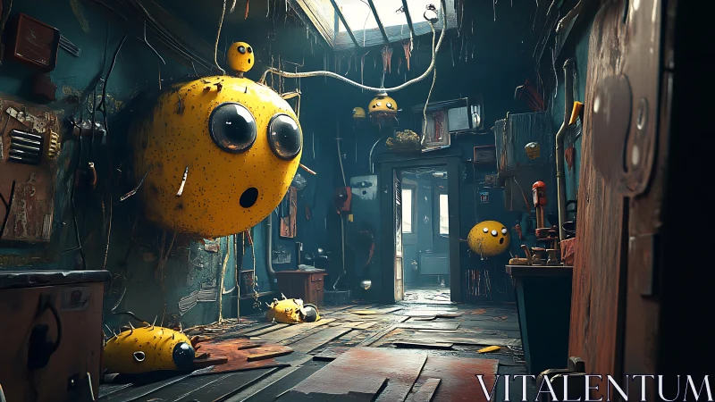 Anthropomorphic yellow orbs invade a decayed corridor interior
