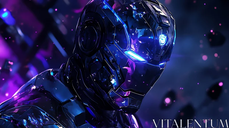 Chromed exosuit helmet with neon blue optics in cosmic debris