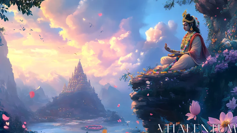 Meditating deity above valley temple at pastel sunset.