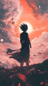 Digital painting silhouette under apocalyptic molten sky.