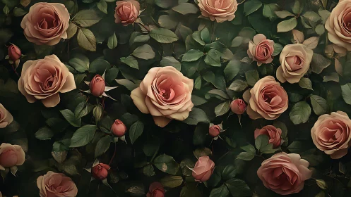 Rose garden overhead view displays peach and coral blooms.