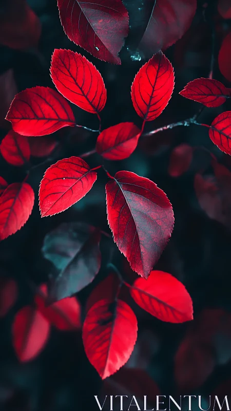 Red leaves are photographed against a dark, defocused background