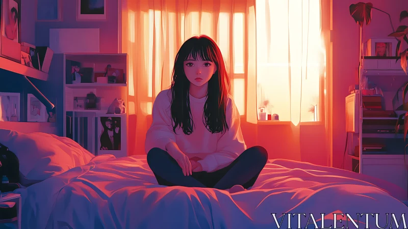 Girl sits on bed in warm backlit bedroom at sunset
