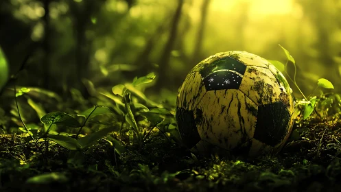 Forest-splashed Brazilian football dreaming in golden afterglow.