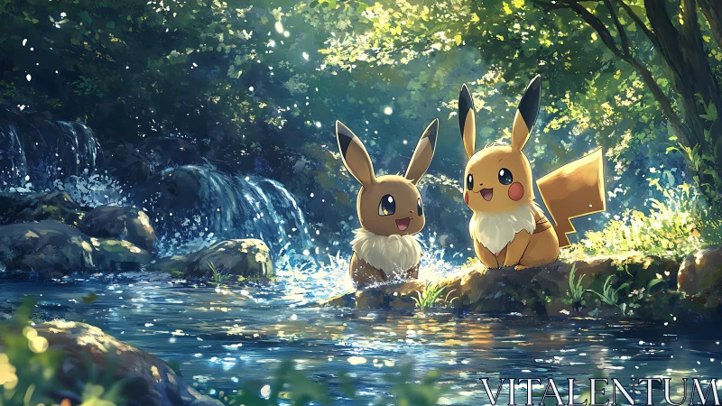 Eevee and Pikachu relax beside sunlit forest stream