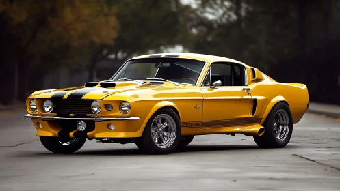 Golden muscle car poised for a sunny nostalgic joyride.