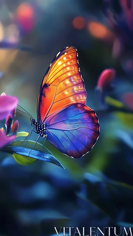 Butterfly on foliage under soft defocused garden light.