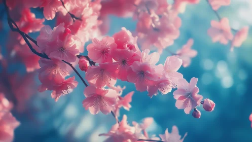 Pink Cherry Blossoms Against Clear Blue Sky with Selective Focus