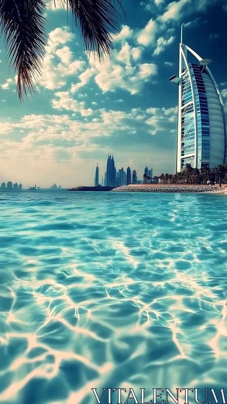 Coastal high‑rise skyline with refractive turquoise shallows.