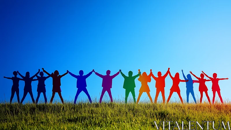 Silhouetted multicolored figures standing in line on hillside.