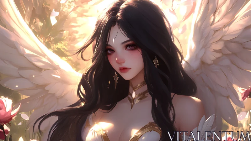 Winged female character stands in glowing backlit garden