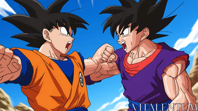 Rival warriors clash mid-punch under a bright desert sky