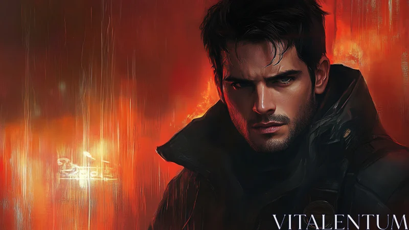 Storm-eyed wanderer studies the burning horizon in silence