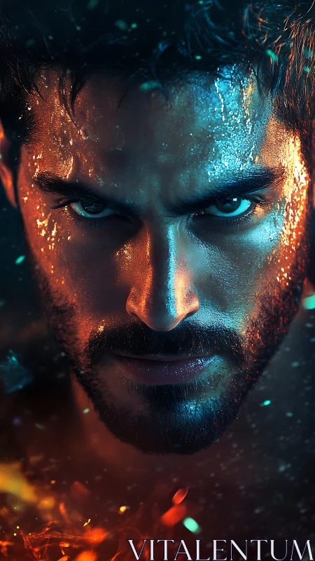 Intense male portrait glows under fiery teal cinematic light