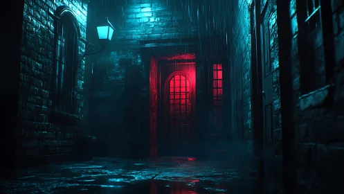 Narrow wet alleyway shows red lit doorway under rainfall