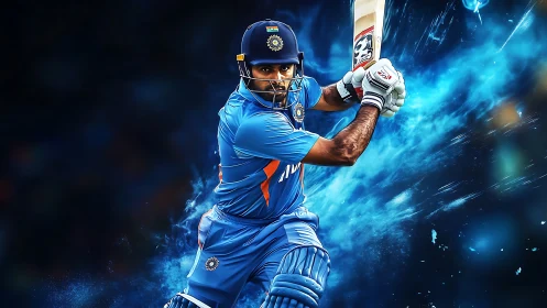 Dynamic cricket batter drives the ball through glowing blue light