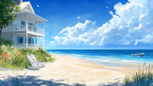 Coastal Beach House Rendering With Volumetric Cloud Formations Above Pristine Sandy Shoreline