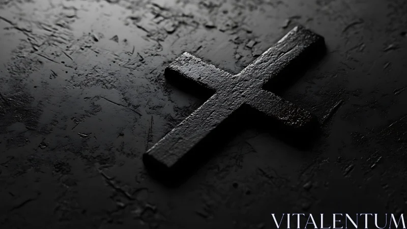 Photorealistic black cross on textured dark surface in focus.