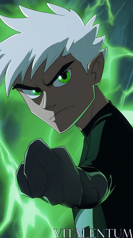 Anime ghost hero with glowing green energy aura portrait.